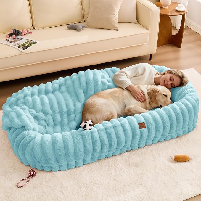 ChiXnuggle Orthopedic Human Dog Bed,Striped Faux Fur Washable Cover,Blanket | blue,72*40*10,giant dog bed for adult or extra large dogs,egg crate foam,non-slip bottom by SnuggleUpPawsDown