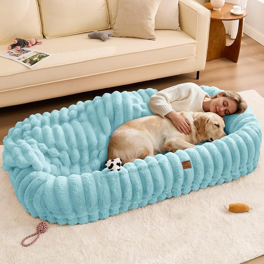 ChiXnuggle Orthopedic Human Dog Bed,Striped Faux Fur Washable Cover,Blanket | blue,72*40*10,giant dog bed for adult or extra large dogs,egg crate foam,non-slip bottom by SnuggleUpPawsDown