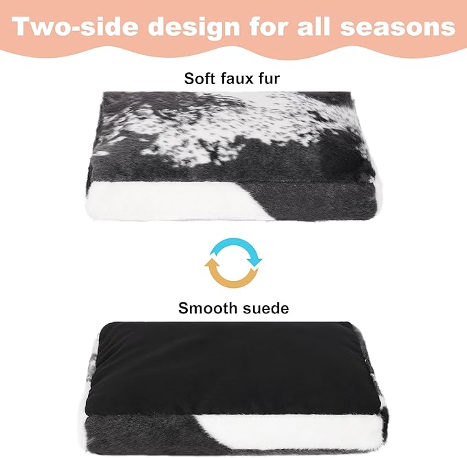 Bedfolks Waterproof Crate Bed, Plush Dog & Cat Bed with Removable Washable Cover, Faux Fur Kennel Pad, 21"x13", Black-White Cowhide - Image 3