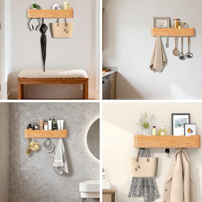 Wooden Wall Mounted Coat Rack with Shelf and Hidden Metal Hooks | Entryway Organizer For Coats, Bags And Keys, Modern Floating Shelf For Hallway And Bathroom Use - Image 7