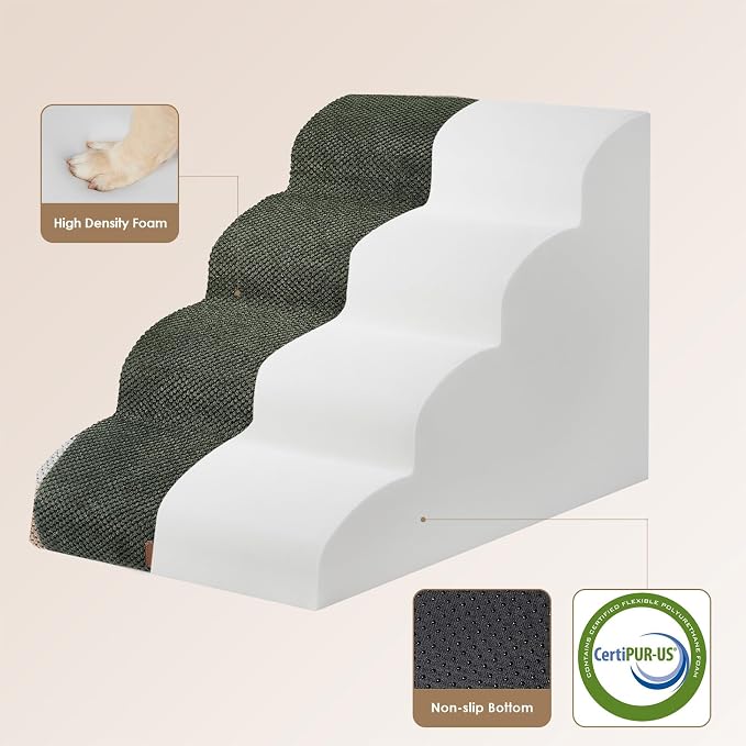 EHEYCIGA Curved Dog Stairs Ramp for High Beds 19.7" H, 4-Step Dog Steps for Small Dogs and Cats, Pet Stairs for High Bed Climbing, Non-Slip Balanced Pet Step Indoor, Military Green - Image 2