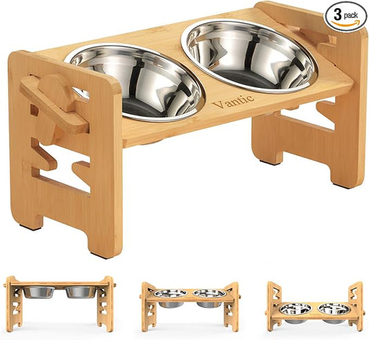 Vantic Elevated Dog Bowls, Raised Dog Bowl Stand Adjustable Small, Natural | Bamboo Elevated Feeder with 2 Stainless Steel Bowls, Adjustable Height Stand for Small Puppies and Cats by Vantic