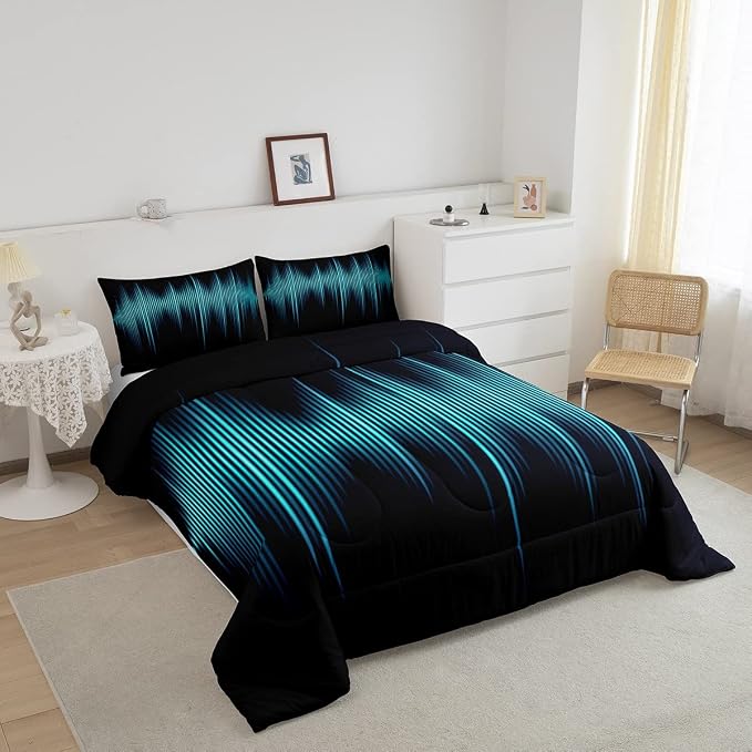 Geometric Abstract Kids Comforter Set Queen Size,Blue Gradient Striped Lines Bedding Set,Boys Girls Adults Bedroom Decor,Modern Fashion Down Comforter,Black Simple Duvet Insert,3pcs,2 Pillowcases - Image 2
