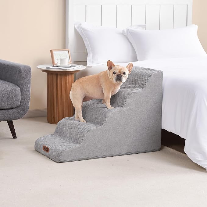 EHEYCIGA Curved Dog Stairs Ramp for High Beds, 5-Step Extra Wide Dog Steps for Small Dogs and Cats, Pet Stairs for High Bed Climbing, Non-Slip Balanced Pet Step Indoor, Light Grey - Image 8