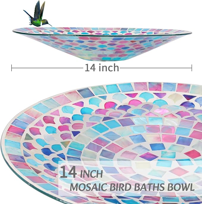 MUMTOP Mosaic Glass Bird Bath with Metal Stand for Garden Feeder Yard Decor | 14 Inch Width 19.68 Inch Height Outdoor Garden Bird Baths Bowl, Unique Glass Birdbaths Bird Feeder for Yard Decor - Image 6