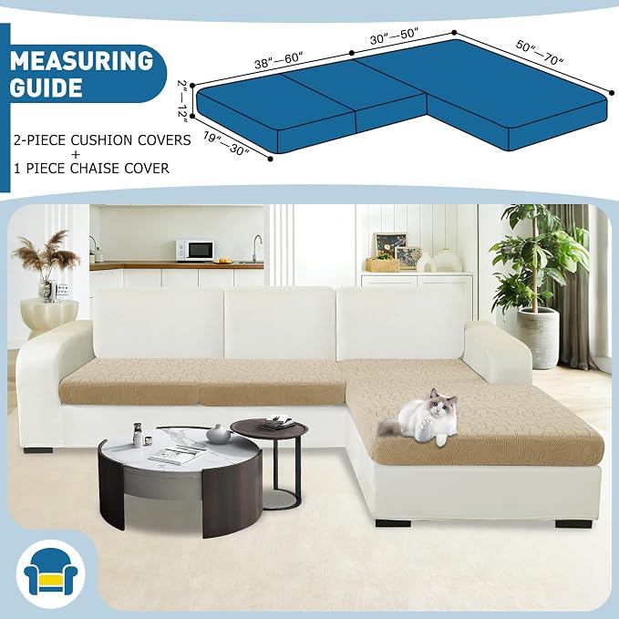 MAXIJIN Waterproof Sectional Couch Cover 3 Pieces Stretch Couch Cushion Covers for Sectional Sofa L Shape Seat Slipcovers with Elastic Bottom for Dogs Pets (2 Seater + 1 Chaise, Khaki) - Image 2