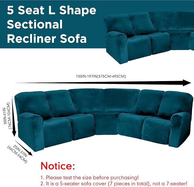 Peryiter 7 Pcs L Shape Sectional Recliner Sofa Covers 5 Seat Sectional Couch Covers Milk Silk Velvet Stretch Reclining Sofa Slipcover Furniture Protector for Living Room(Deep Teal,Velvet) - Image 3