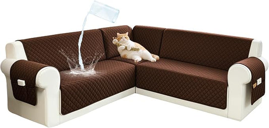 Sectional Couch Covers for Dogs 100% Waterproof Corner L Shaped Sofa Cover Pet Friendly Velvet Washable Anti Slip L Shape Modular Sofa Slipcover Protector with Pockets (Dark Coffee, Small) by SYJOVIA