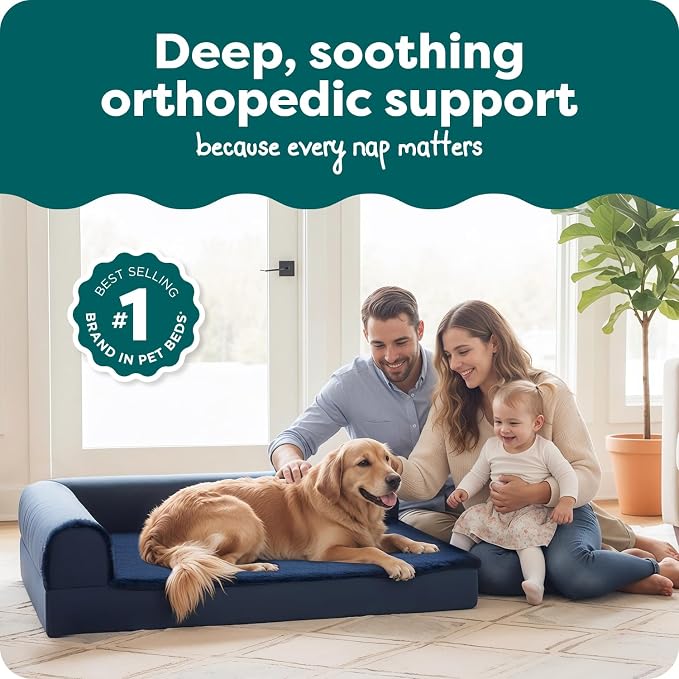 Furhaven Orthopedic Dog Bed for Large Dogs w/ Removable Bolsters & Washable Cover, For Dogs Up to 95 lbs - Plush & Velvet L Shaped Chaise - Deep Sapphire, Jumbo/XL - Image 2