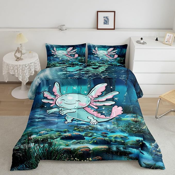 Manfei Kawaii Axolotl Comforter Set for Boys Girls,Cute Marine Life Ocean Animal Teal Blue All Season Cozy Bedding Set Full Size,Undersea World Coral Seaweed Duvet Set Bedroom Decor by Manfei