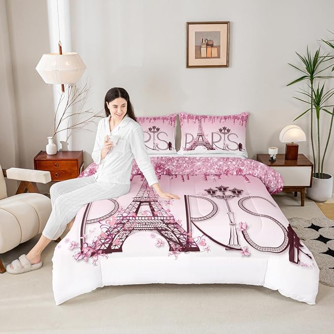 Eiffel Tower Comforter Set Twin Size,Pink Shimmer Floral Dreamy Down Comforter for Girls Boys Adults Couple Bedroom Decor,Famous Paris Architecture Bedding Set,Romantic Duvet Insert,1 Pillowcase by Homewish
