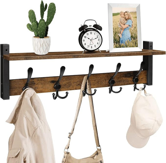 Homode Wall Mount Coat Rack with Shelf and 5 Tri Hooks | Wood Coat Hangers for Hanging Hat, Towel, Purse, Jacket, Rustic Brown by Homode
