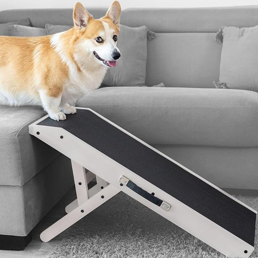 Dog ramp for Couch – Non-Slip, Sturdy Build Foldable Dog ramp – Supports up to 200lbs – Adjustable 7'' to 20'' – Landing Platform Seamlessly Connects – Birchwood Pet Ramp for Small Dogs – White