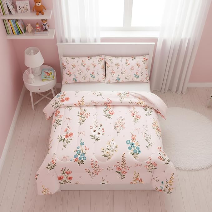 QOOMO Floral Comforter Set, Queen Size, Pink Floral, 3 Pcs Bedding Set, Printed Comforter with 2 Pillowcases, Down Alternative, Soft and Lightweight, All Seasons - Image 2