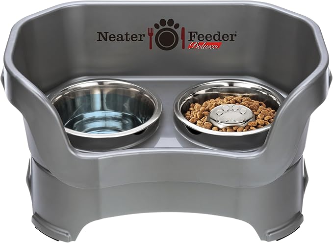 Neater Feeder Deluxe Mess Proof Dog Bowls Elevated for Medium Sized Breeds – Made in USA – No Spill Raised Slow Feeder Elevated Dog Bowl Stand, Stainless Steel Food and Water Bowl Set, Grey by NeaterPetBrands