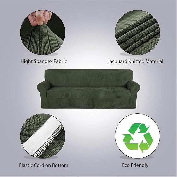 Oversized Sofa Cover Stretching Skid Resistance Couch Cover for Pets Washable, Thick and Durable Soft High Spandex Striped Pattern Sofa Covers (Oversized Sofa, Green) - Image 2