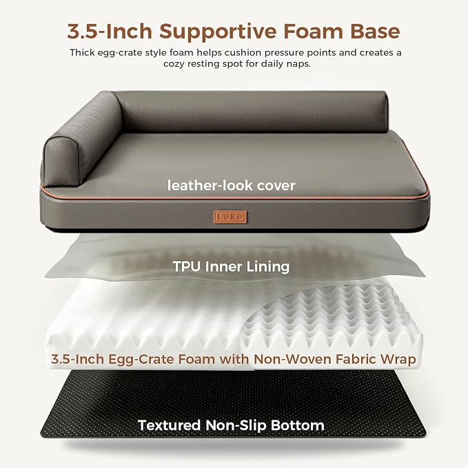 Outdoor Waterproof Dog Bed for Small Dogs, Egg Crate Foam Crate Pad with Raised Bolster, Removable Washable Leather-Look Cover, Non-Slip Bottom, Gray, for Dogs Up to 20 in. Long - Image 3