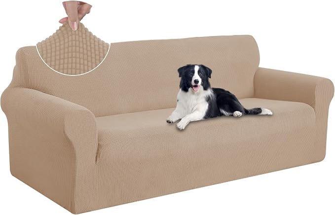 U-NICE HOME Oversized Stretch Couch Cover Slipcover, Camel | 3 Cushion Sofa, 1-Piece Sofa cover, Washable, Pet friendly, Furniture protector, Polyester Spandex Jacquard fabric by U-NICEHOME