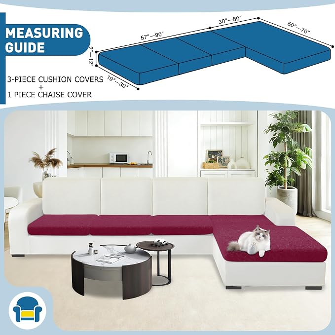 MAXIJIN Waterproof Sectional Couch Cover 4 Pieces Stretch Couch Cushion Covers for Sectional Sofa L Shape Seat Slipcovers with Elastic Bottom for Dog Pet (3 Seater + 1 Chaise, Wine Red) - Image 2