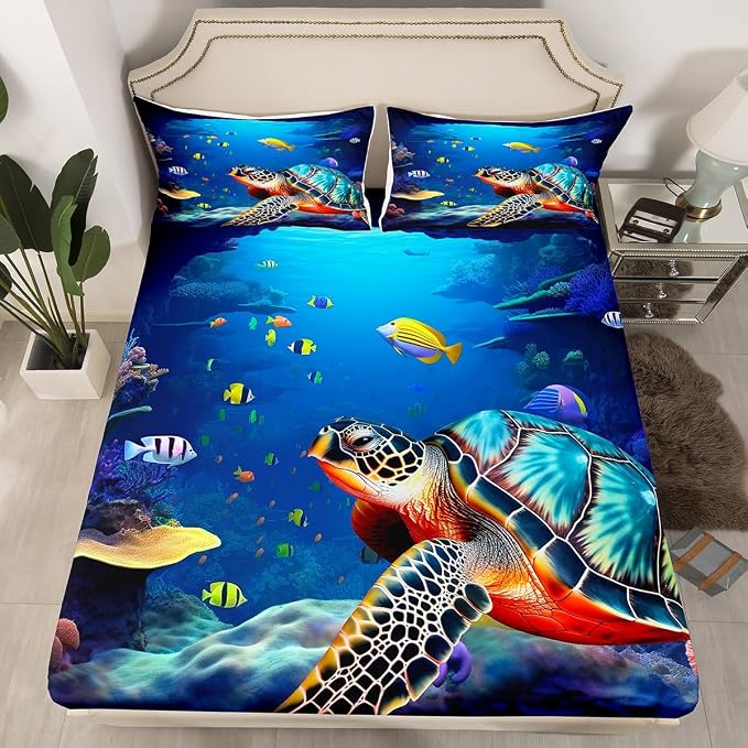 Coastal Beach Theme Kids Printed Sheet Set Twin Deep Pocket,Sea Turtle Sheets & Pillowcase Sets,3 Piece Ultra Soft Fish Summer Cool Microfiber Bed Sheets+Reptile Flat Sheet+ Ocean Fitted Sheet - Image 2