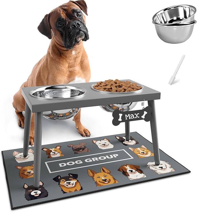 ADENGL Raised Dog Bowl Stand for Large Dogs, 10” Tall Elevated Feeder with Spill-Proof Mat, Stainless Steel 58OZ Bowls for Food & Water, Gray Color (Mat Size: 16x24”) by ADENGL