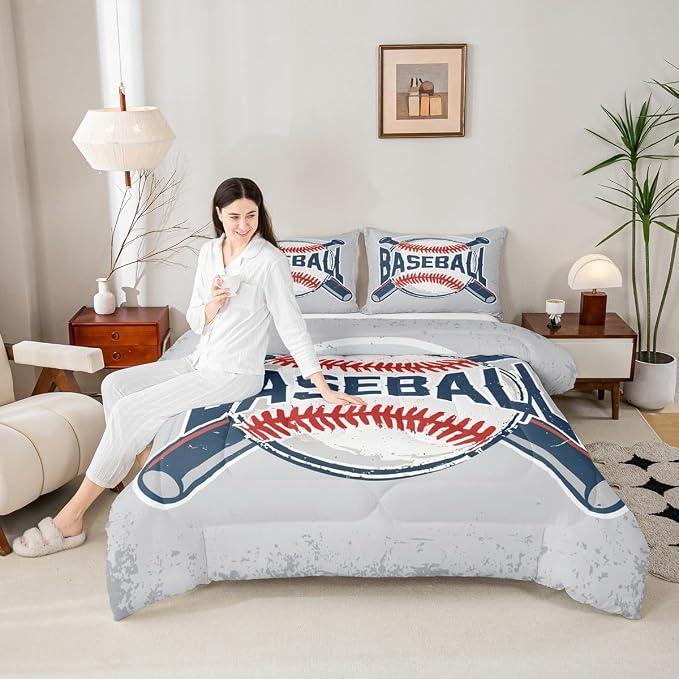 Homewish Baseball Comforter Set Vintage Sports Baseball Bedding Set 3pcs for Kids Boys Teens Sports Theme Duvet Insert Soft Polyester Down Comforter with 2 Pillowcases, Queen Size by Homewish