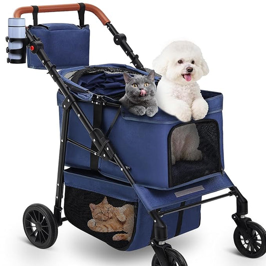 Pet Stroller for 2 Small Dogs, Dog Stroller for Medium Dogs 20 lb with Storage Bag and Cup Holder, Cat Stroller for 2 Cats with Adjustable Handle & Weatherproof Cover, All-Terrain(Blue)