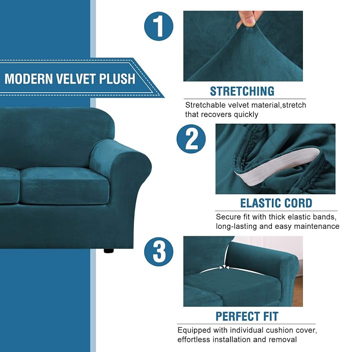 H.VERSAILTEX Modern Velvet Plush 4 Piece High Stretch Sofa Slipcover Sofa Cover Furniture Protector Form Fit Luxury Thick Velvet Sofa Cover for 3 Cushion Couch Width Up to 90 Inch (Sofa,Deep Teal) - Image 3