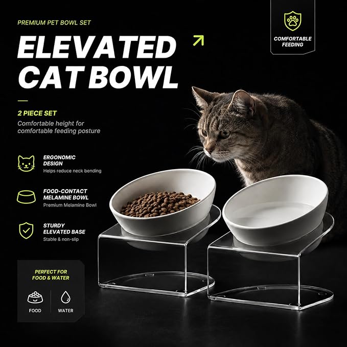 LivLab Mker Elevated Cat Food Bowl, Tilted Water Bowl,Anti Vomiting and Protect Pets' Spines Raised Melamine Pet Dishes for Small Dogs, Flat-Faced Cats & Kittens, White, 2 Pack - Image 2