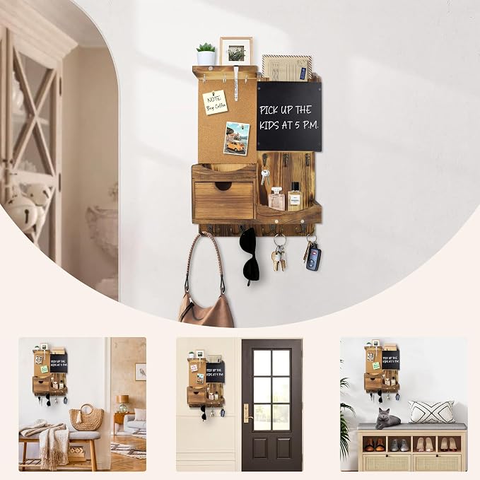 Key Holder Wall Mount， Mail Organizer Key Holder for Wall with Shelf, Drawer, Chalkboard, Corkboard, Home Decor Wall Mounted for Room Entryway(Natural Wood) - Image 8