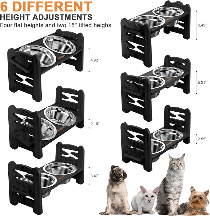 Elevated Dog Bowls - Adjustable Raised Dog Bowls - Dog Bowls with Stand - Dog Feeding Station for Small Dog and Cat with 2 Stainless Steel Bowls and Non-Slip Feet, Durable, Bamboo (Black) - Image 2