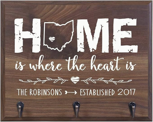 Rooms Organized Personalized Home is Where The Heart is Wall Mounted Coat, Hat, Key, Pet Leash Collar Rack New Home Gifts with 3 Hooks 15" w x 12" h 4.25" deep (Home is Where) by Unknown