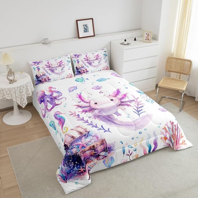 Manfei Kids Salamander Animals Boys Girls Comforter Set Full Size,Cute Axolotl Duvet Set Teens Bedroom Decor,Coral Underwater World Microfiber Soft Bedding - Image 4
