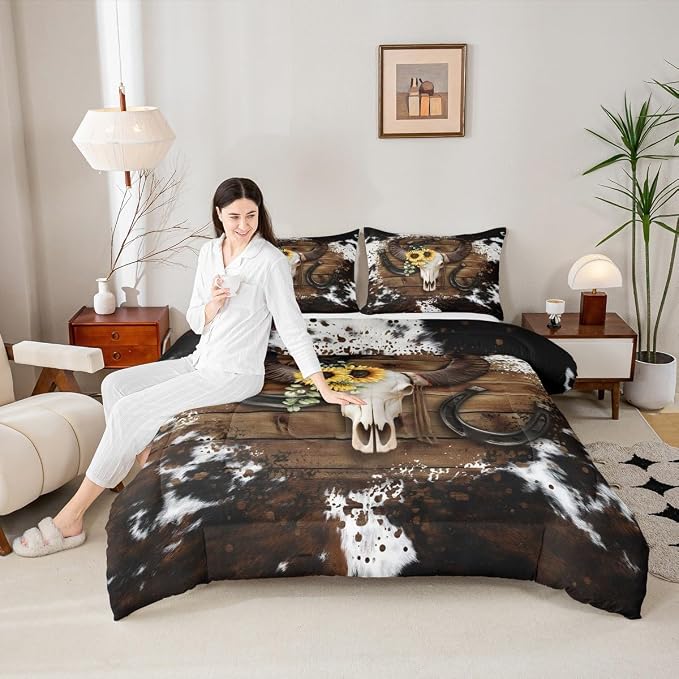 Homewish Cow Skull Kids Comforter Set Queen Size,Cow Fur Wooden Plank Farmhouse Bedding for Boys Girls Men Room Decor,Cowboy Horseshoe Sunflower Down,White Brown Rustic Duvet Insert,2 Pillowcases by Homewish
