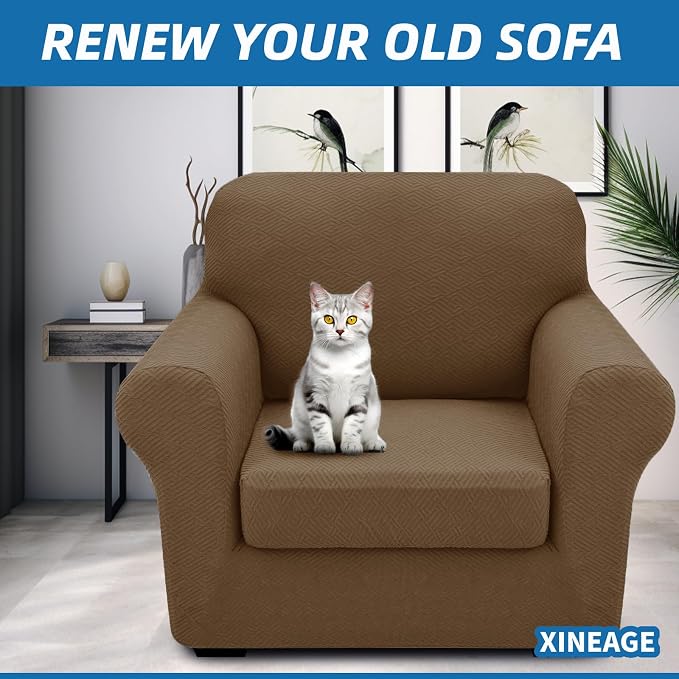 XINEAGE New 2 Pieces Chair Covers with Arms Super Stretch Chair Slipcover for Living Room Pet Dog Universal Slip Cover Anti Slip Armchair Furniture Protector (Brown), 31"-46"(1 Cushion) - Image 4