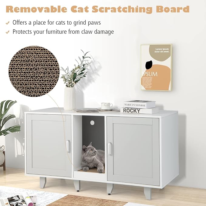 Tangkula Double Cat Litter Box Enclosure for 2 Cats, Large Stackable Hidden Privacy Cat Washroom Cabinet with Scratching Board, Indoor Cat House TV Stand Side Table, Litter Box Furniture (Grey) - Image 3