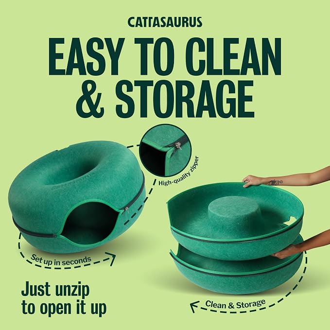 Cattasaurus Peekaboo Cat Cave Donut for Multiple & Large Cats up to 30-45 lbs, 3-in-1 Self Warming Cat Bed, Tunnel & Scratcher for Indoor Cats, Washable & Detachable Dog Bed (Forest Green, Large) - Image 7