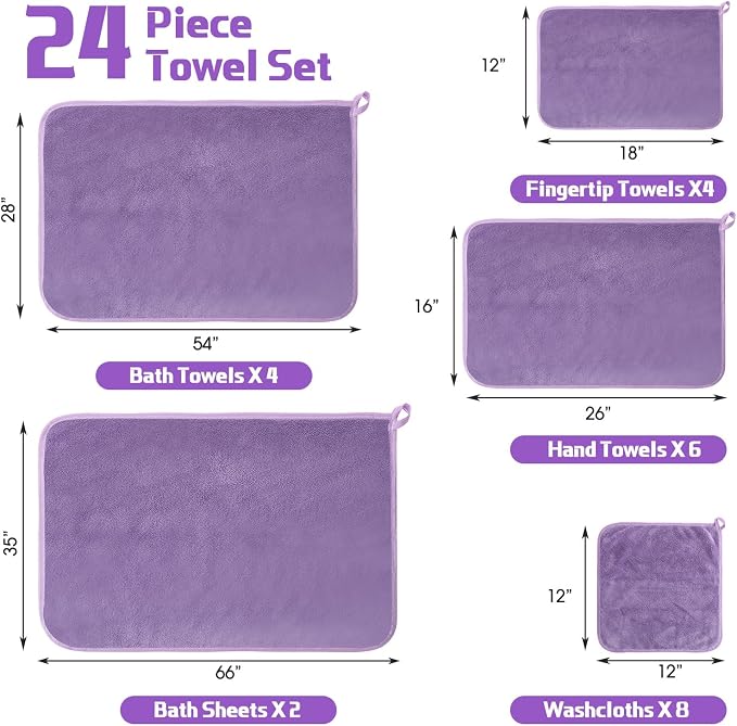 Mixweer 24 Piece Dark Purple Microfiber Absorbent Towel Set: 2 Oversized Bath Sheets, 4 Bath Towels, 6 Hand, 8 Washcloths, 4 Fingertip for Bathroom Spa Gym Camping Beach - Image 6