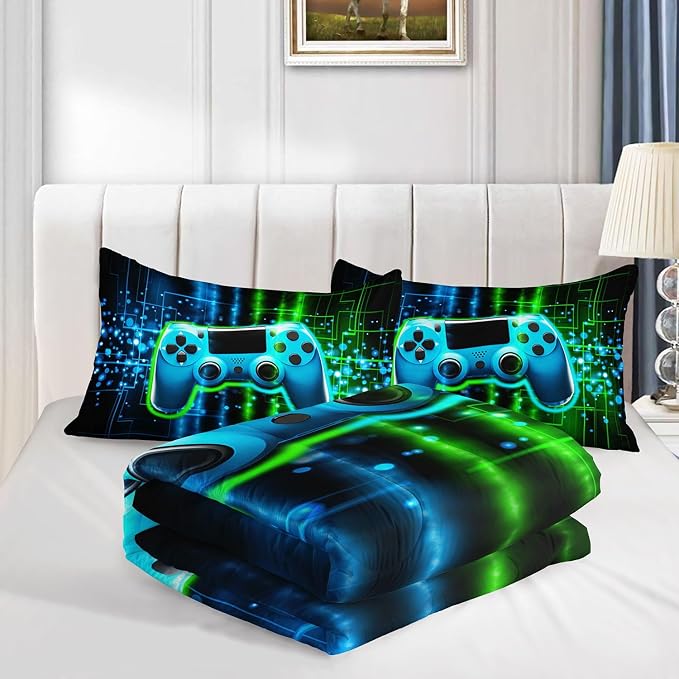 Green Gamepad Comforter Set 3D Gamepad Printed Bedding Set with 1 Comforter and 2 Pillowcases for Boys and Girls Bedroom All Season(Gamepad Full) - Image 4