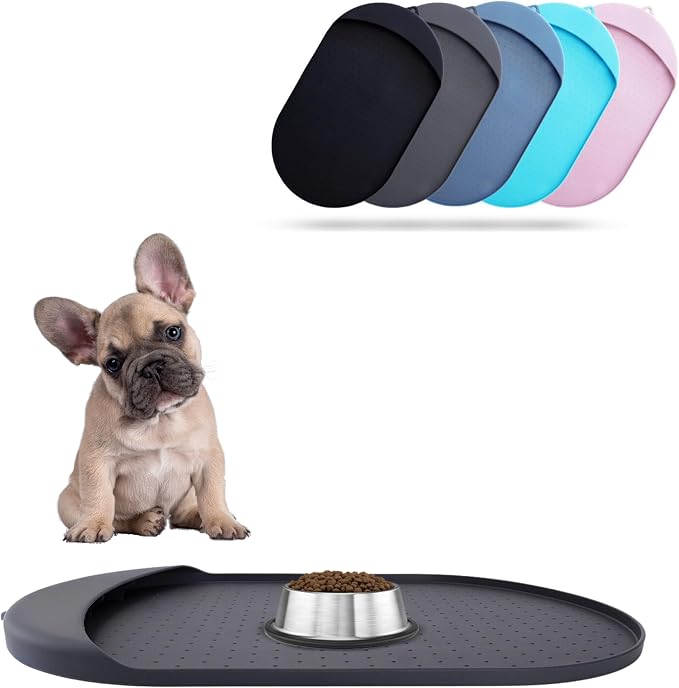 Dog Food Mat - 29” x 16.6” Pet Feeding Mat with Residue Collection Pocket - Large Silicone Dog Mat for Food and Water - Waterproof Dog and Cat Bowl Mat, High Edges to Prevent Spills, Gray by ORA+SHOP