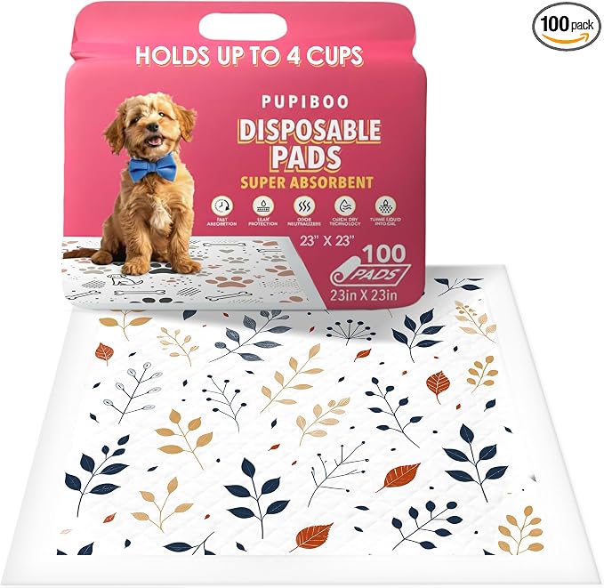 Pupiboo Disposable Dog and Cat Training Pads – Leaves Pattern, Highly Absorbent Pee Pads, Leak Proof Backing, Pheromonal Attractant for Housebreaking & Potty Training – 23x23 in (100 Count) by PUPIBOO