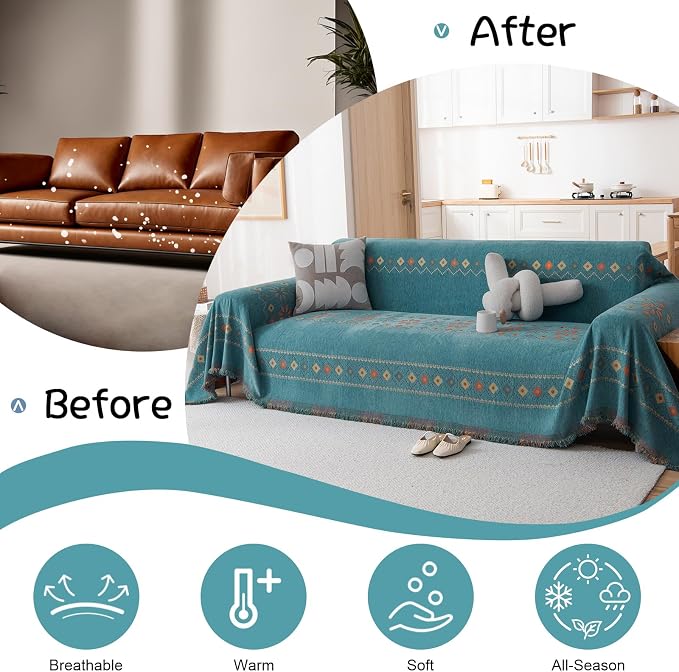 VClife Boho Couch Cover Green Geometric Jacquard Pattern Sofa Cover, 1 Piece Large Couch Covers for 3 Cushion Couch Sofa Washable Plush Chenille Sofa Protector for Living Room, 71x150 Inch - Image 4