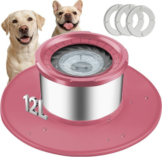 Decflow 12L No Spill Dog Water Bowl for Large Dogs, Stainless Steel Spill Proof Bowls with Suction Cup Anti-Skid Mat, Slow Feeder for Messy Drinkers, Heavy Duty Pet Bowls for Indoor/Outdoor Pink by Decflow