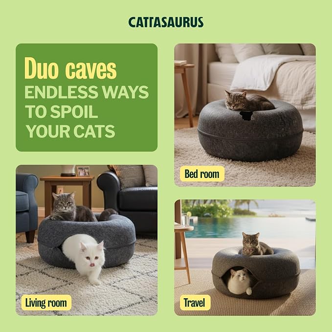 Cattasaurus Peekaboo Cat Cave Donut for Multiple & Large Cats up to 30-45 lbs, 3-in-1 Self Warming Cat Bed, Tunnel & Scratcher for Indoor Cats, Washable & Detachable (Dark Gray + Dark Gray, Large) - Image 3