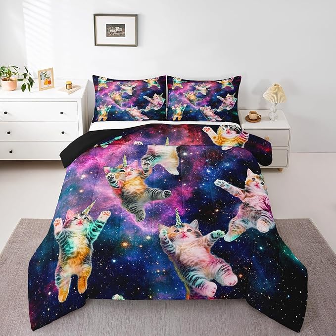 Feelyou Galaxy Unicorn Comforter Set Kids Cute Unicorn Cats Bedding Set for Boys Girls Fairy Cartoon Animal Comforter Stars Rainbow Cats Decor Quilt Set Room Decor 3Pcs Queen Size - Image 6