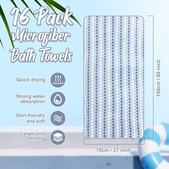 SmoothNovelty 16 Pack Microfiber Bath Towels Bulk 27'' x 60'' Oversized Size Bath Towel Highly Absorbent Extra Large Soft Drying for Beach Shower Summer Salon Sport Gym Party (Cone,Blue) - Image 2
