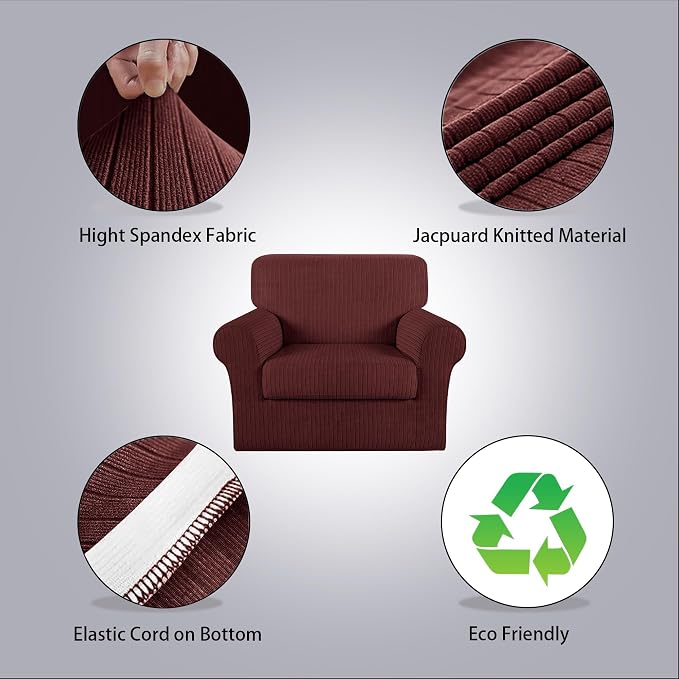 Armchair Cover Stretching Skid Resistance Couch Cover for Pets Washable, Thick and Durable Soft High Spandex Striped Pattern Sofa Covers, Form Fitted Chair Slipcover(Armchair, Burgundy) - Image 2