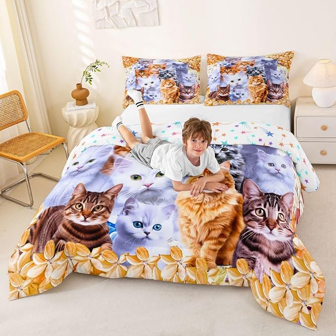 Feelyou Cats Comforter Set Cute Cat Animal Printed Bedding Set for Kids Boys Girls Pet Cat Design Comforter Lovely Floral Orange Quilt with 2 Pillowcases 3Pcs Bedding Queen Boys - Image 2