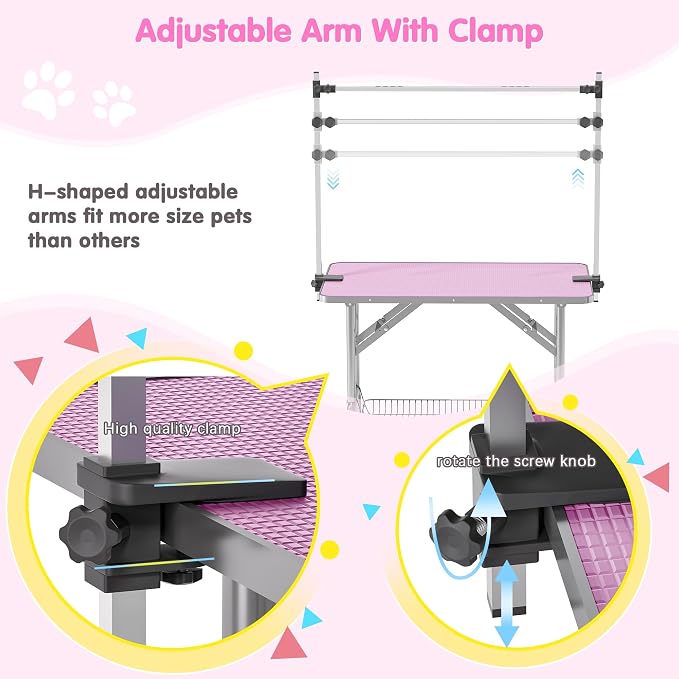 Lyromix 36'' Stainless Steel Pet Dog Grooming Table, Arm/Noose/Tray, Pink | Foldable Dog Grooming Table for Dogs at Home, Adjustable Height Arm, Non-Slip Waterproof Tabletop, Capacity 330Lb - Image 4