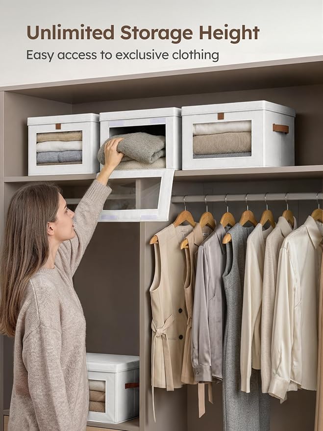 Homsorout Medium Fabric Storage Bins - Closet Shelf Organizer with Open Window, 5 Pack Closet Baskets for Shelves, Stackable Decorative Boxes for Home, Dorm, White, 13.7" x 9.8” x 9.8" - Image 2